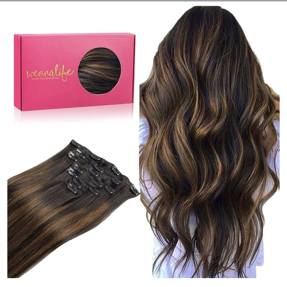 NEW in Box Wennalife Human Hair Extensions 16” 7pc Clip In
Dark Brown Balayage